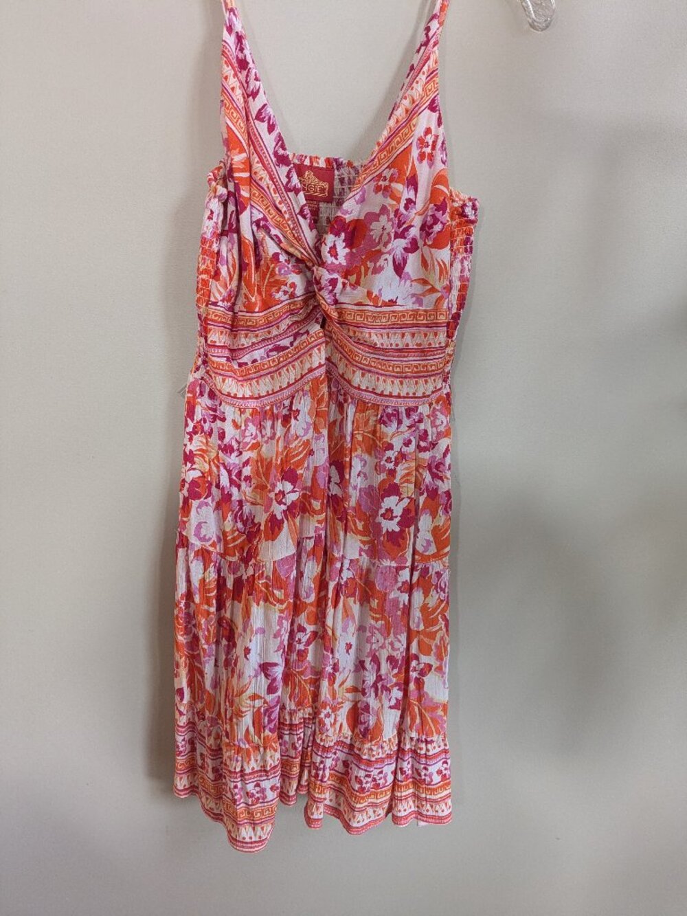 angie short white orange floral sundress spaghetti straps size Large #689